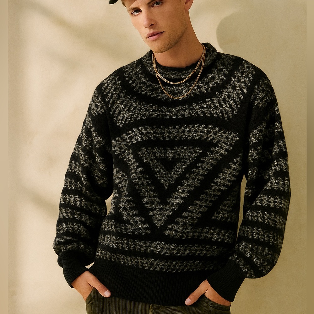 Vintage Black & Gray Crew Neck Sweater | Retro Knit Size S Men’s
